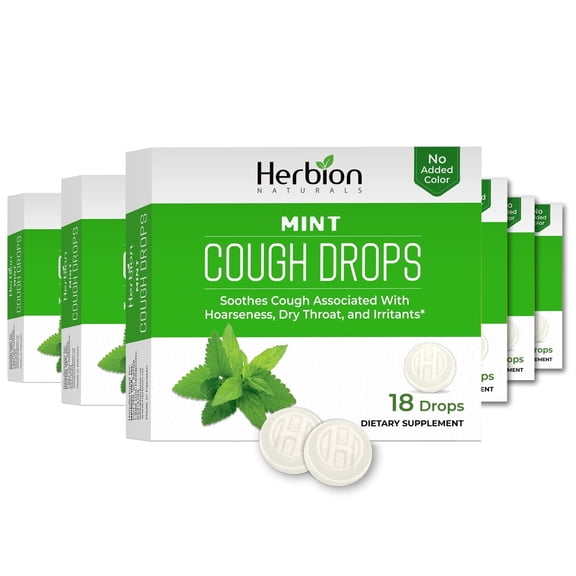 Herbion Naturals Cough Drops with Natural Mint, Dietary Supplement to Soothe Cough, for Adults and Children Over 6 Years, 6 packs (108 count)
