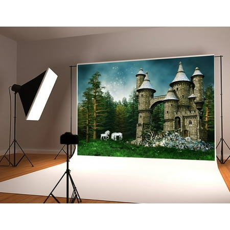 Image of MOHome 7x5ft Unicorn Castle Backdrop Green Forest Party Photo Background for Photographer Children Studio Prop