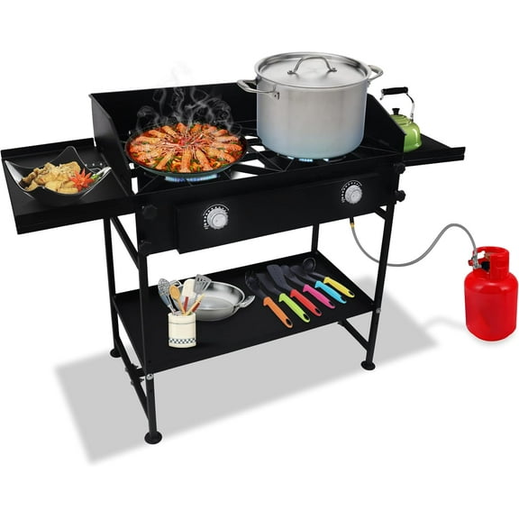SONRET - Double Burner Propane Stove - with Dual side & Bottom Shelf and Wind Panel