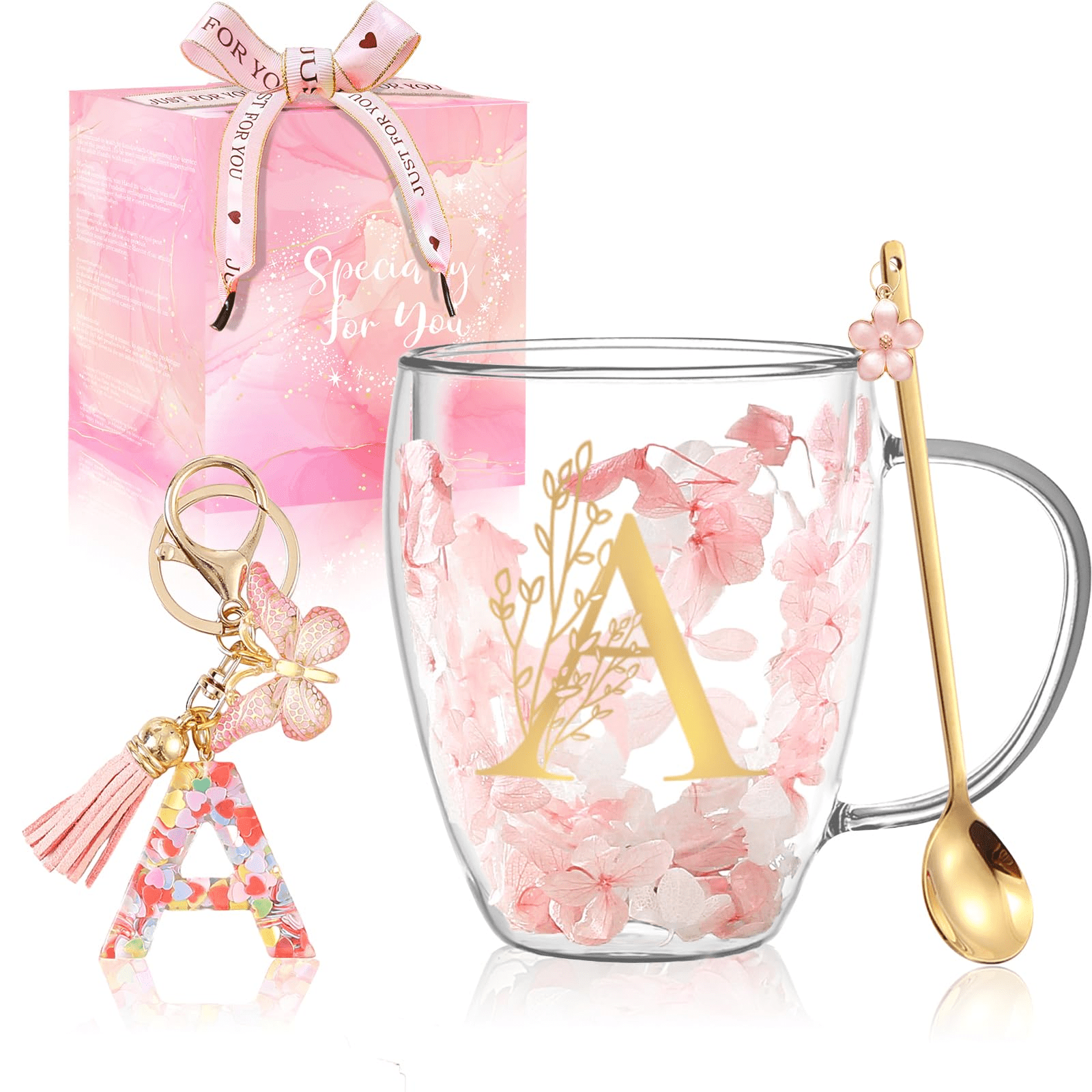 Personalized Gift for Women Double Wall Flower Glass Coffee Mug Tea Cup with Spoon Birthday Valentine Mother's Day Gift for Mom Wife Friends Sister(A)