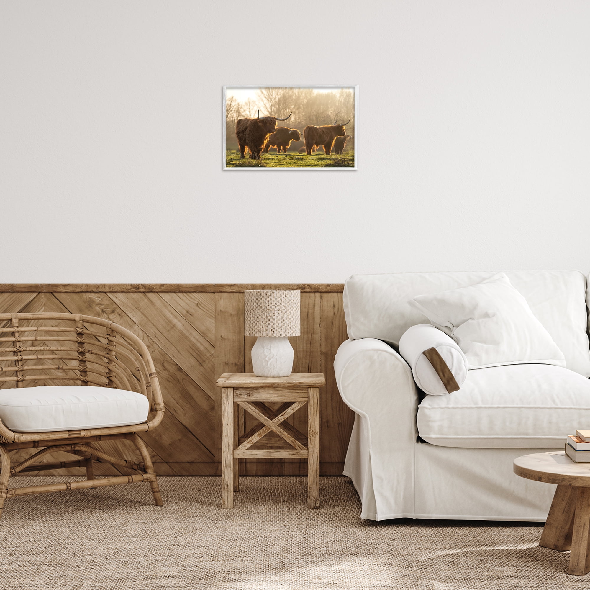 Stupell Industries Longhorns in Foggy Pasture Animals & Insects Photography White Framed Art Print Wall Art, 18 x 12