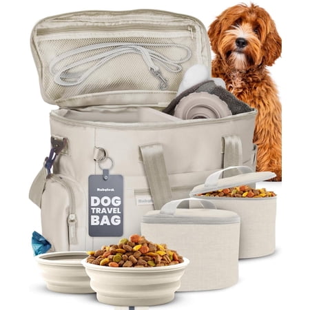 The Original Doggy Bag ™ - Complete Dog Travel Bag for Supplies with 2 BPA-Free Travel Dog Bowls & 2 Pet Food Containers - Traveling Kit for Road Trips Camping Weekend Away or Doggy Gift: Beige