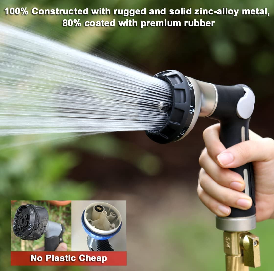 Garden Hose Nozzle 100% Heavy Duty Metal, Water Hose Sprayer with 8 Watering Patterns, Thumb Control On Off Valve, High Pressure Nozzle Sprayer for Watering Plants, Car and Pet Washing, Black