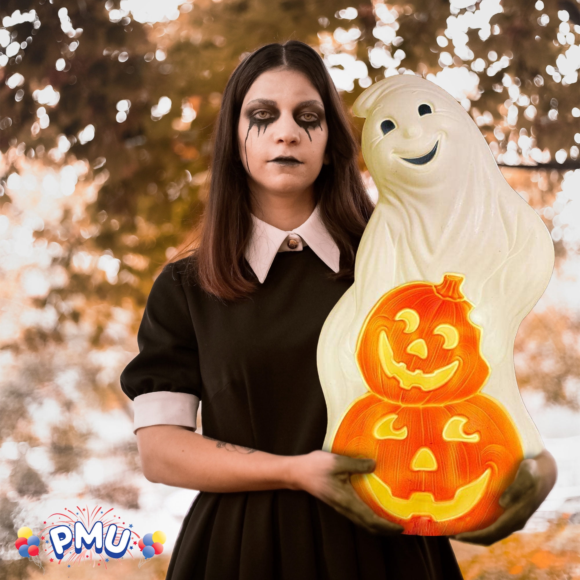 PMU Halloween Ghost with Pumpkins - Jack-O-Lantern Blow Mold Light-Up Decoration - Perfect for Halloween, Home, Yard, Indoor & Outdoor Decor Pkg/1