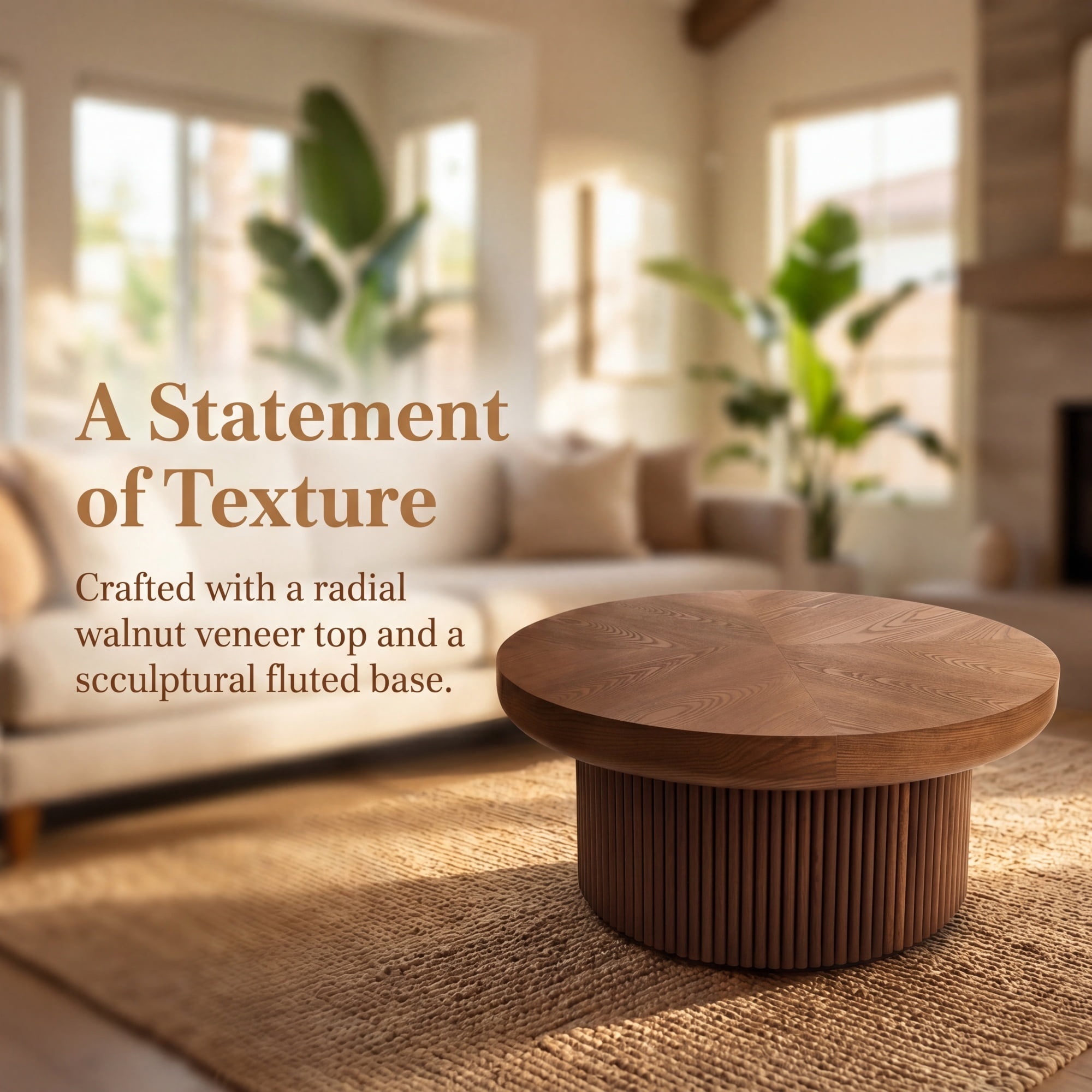 33.46'' Round Coffee Table with Fluted Cylindrical Base, Ash Wood End Table with Thickened Tabletop, Modern Cocktail Table