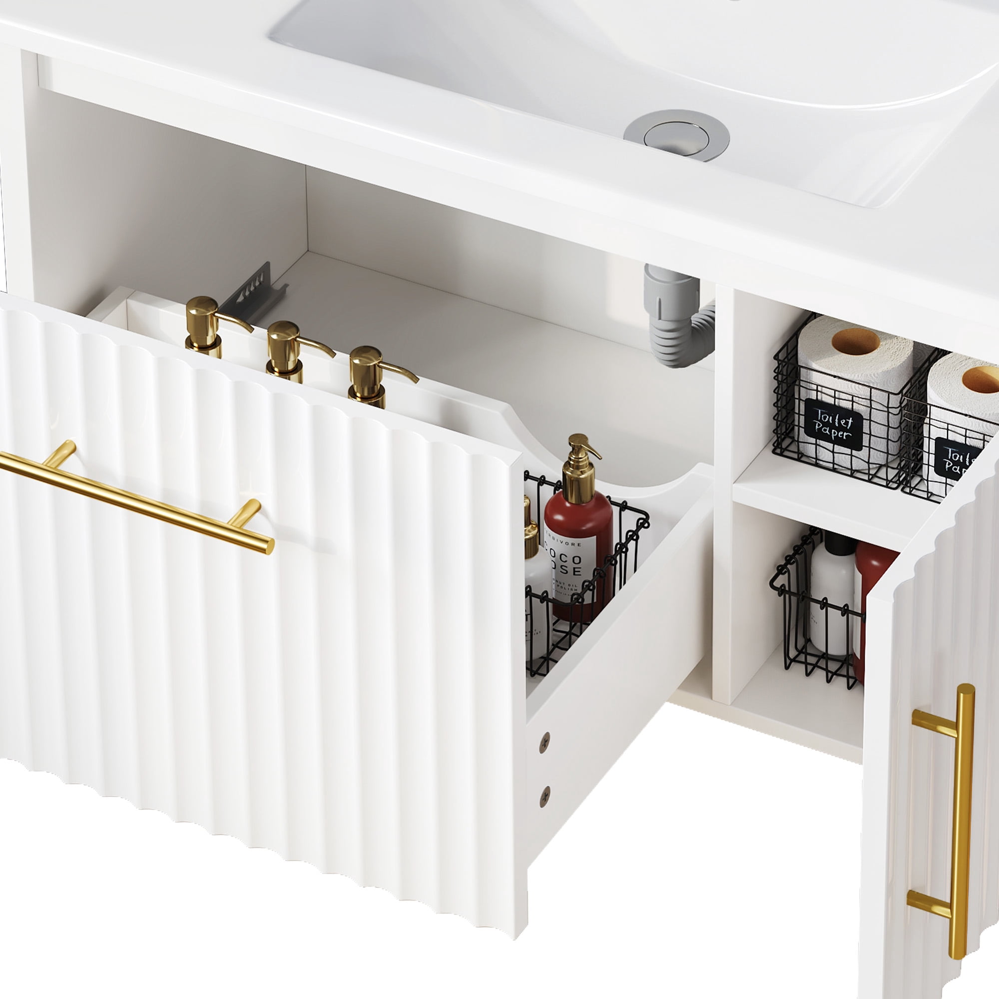 Uforic 36 Inch White Bathroom Vanity with Sink, Wall Mounted Bathroom Sink Storge Cabinet with Drain