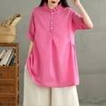 thumbnail image 5 of TKLPEHG Summer Tops for Women Crew Neck Cotton Linen Button Shirts Western Outfit for Women Leisure Solid Color Short Sleeve Blouses Fashion Lightweight Regular Blouses (Hot Pink,XL), 5 of 7