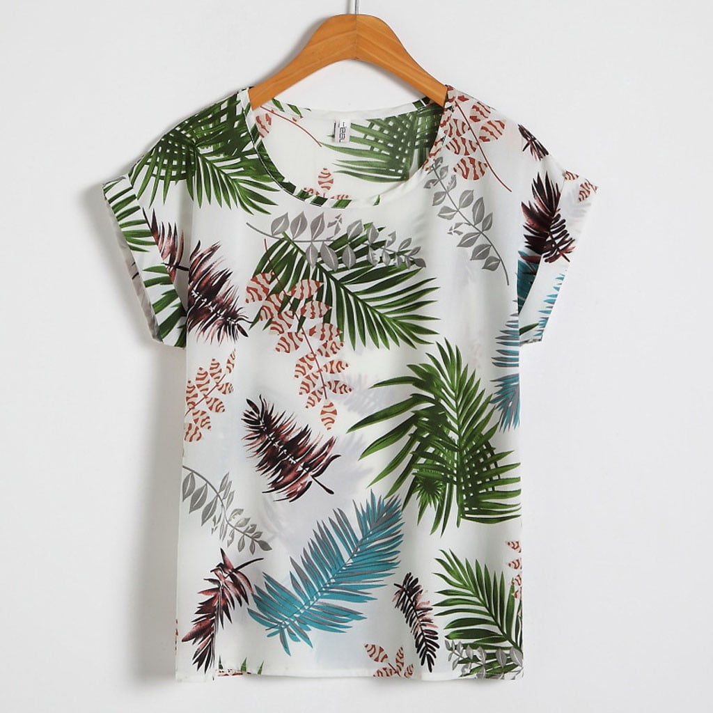 Summer Women Chiffon Short Sleeve Top Blouse Crew Neck Floral Loose Tee T-Shirts