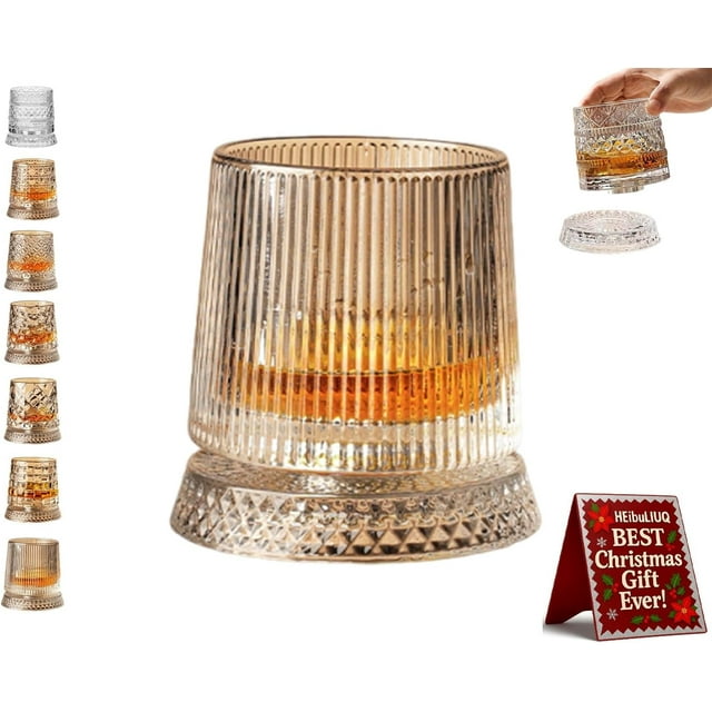 360 Degree Rotating Whiskey Glass, Spinning Cocktail Glass with Stable Decoupled Base, Old Fashioned Crystal Cut Drinking Glassware, Stress Relief Function, Unique Whiskey Gift for Husband Father