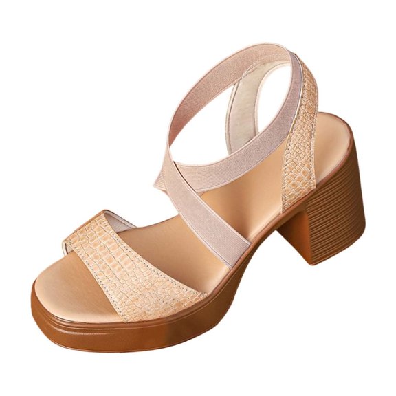 Viluyesy Womens Heeled Sandals, Block Heels Elastic Strappy Open Toe Summer Fashion Dressy Pumps Khaki US9