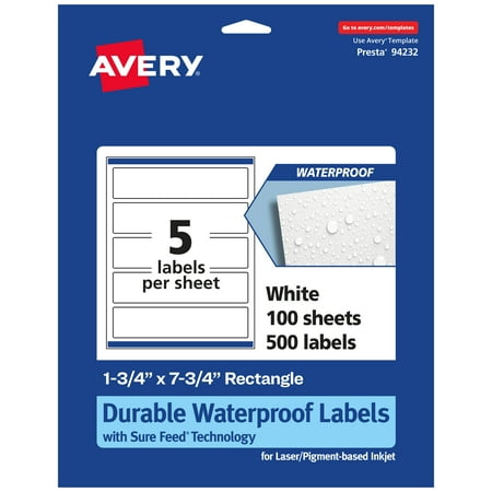UPC: 0194793909340 | Avery Durable Waterproof Rectangle Labels with Sure Feed  1.75  x 7.75   500 Oil and Tear-Resistant Waterproof Labels  Print-to-the-Edge  Laser/Pigment-Based Inkjet Printable Labels