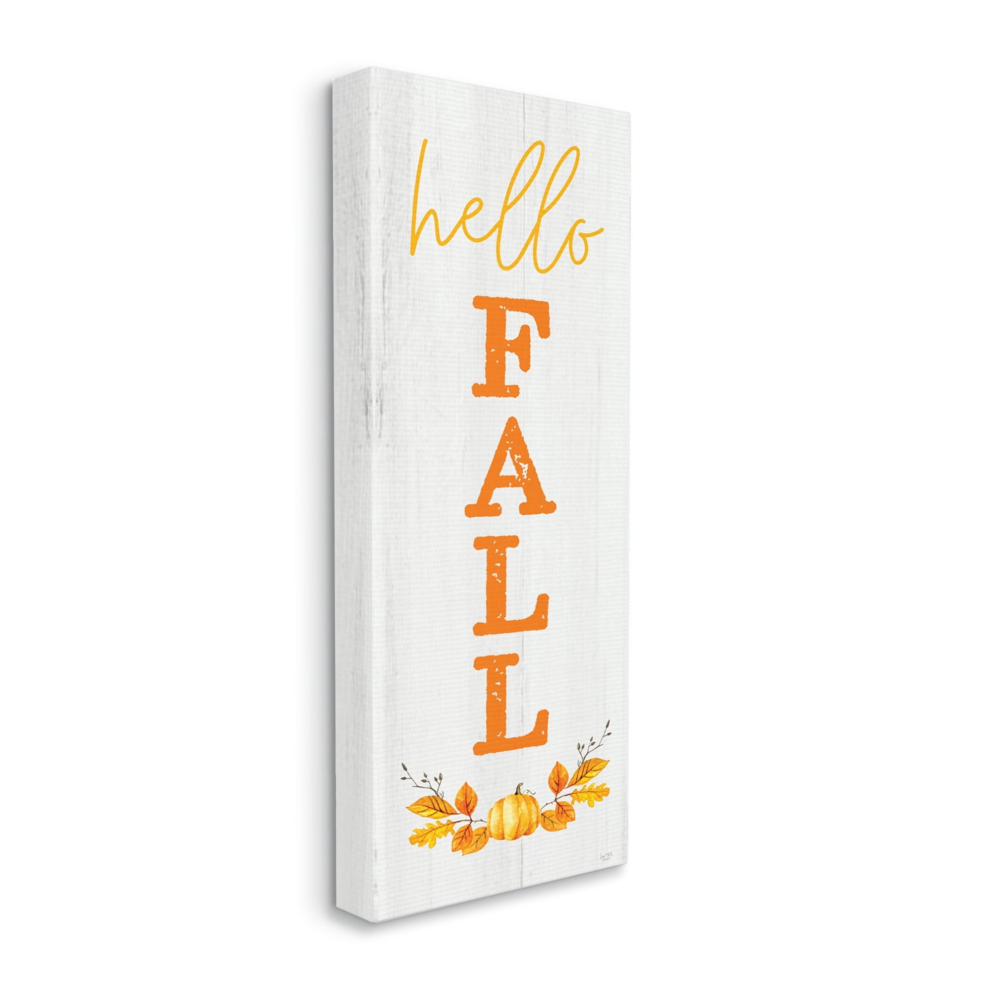 Stupell Industries Hello Fall Phrase Cascading Text Orange Leaves Pumpkin, 20 x 48,Design by Lux + Me Designs