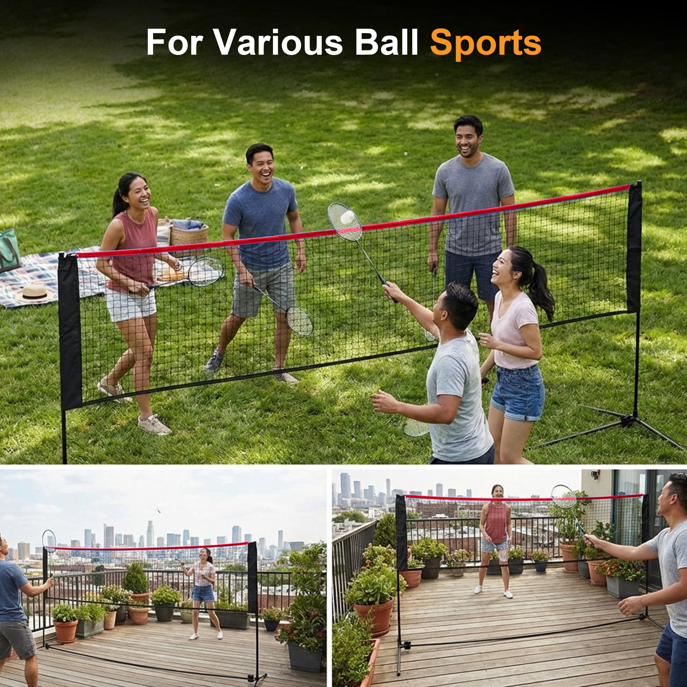 JIOABL Portable Badminton Net Set, 14FT Adjustable Height for Outdoor & Indoor Use, Includes Carry Bag, Easy Setup No Tools Needed, Red-Black