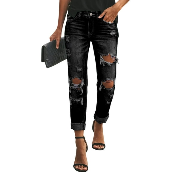 Inglocry Boyfriend Jeans for Women Stretchy Ripped Distressed Denim Pants Loose Straight Leg Jeans with Pockets Black M