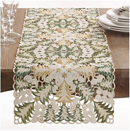 White and Gold Christmas Tree Cutwork Polyester Table Runner