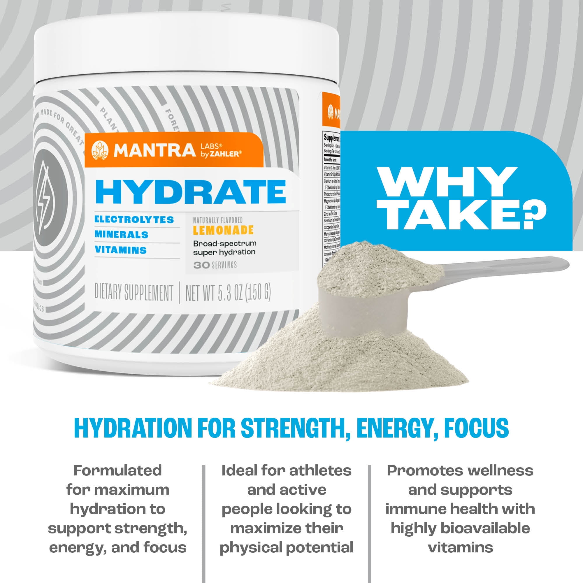 Mantra HYDRATE Zero Sugar Electrolyte Powder Drink Mix with Vitamin C & B12, Keto Vegan Hydration Supplement, Lemonade