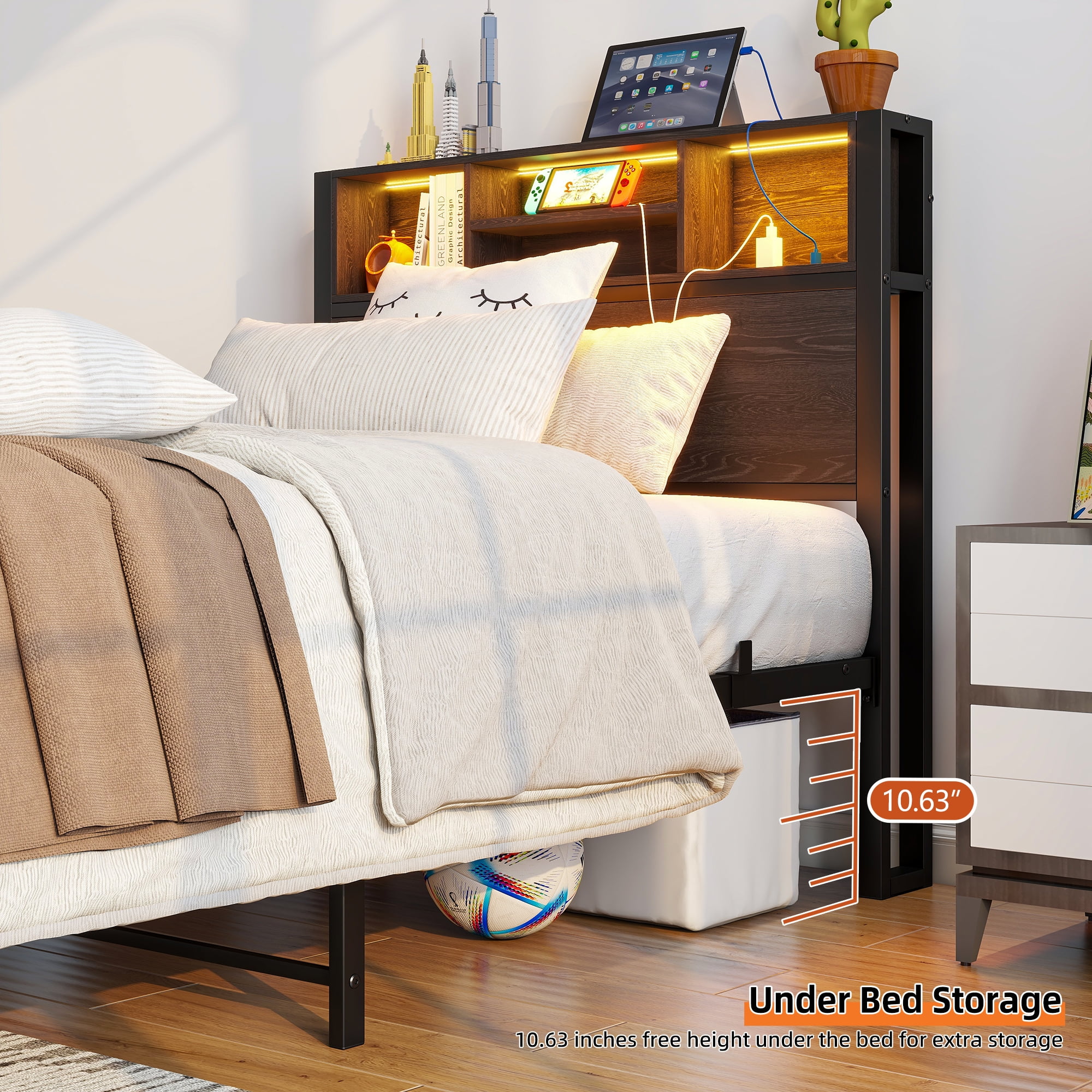 Yoneston Twin Size Bed Frame with Storage Headboard and LED Light, Metal Platform Bed with Charging Station & Bookcase Storage, Black