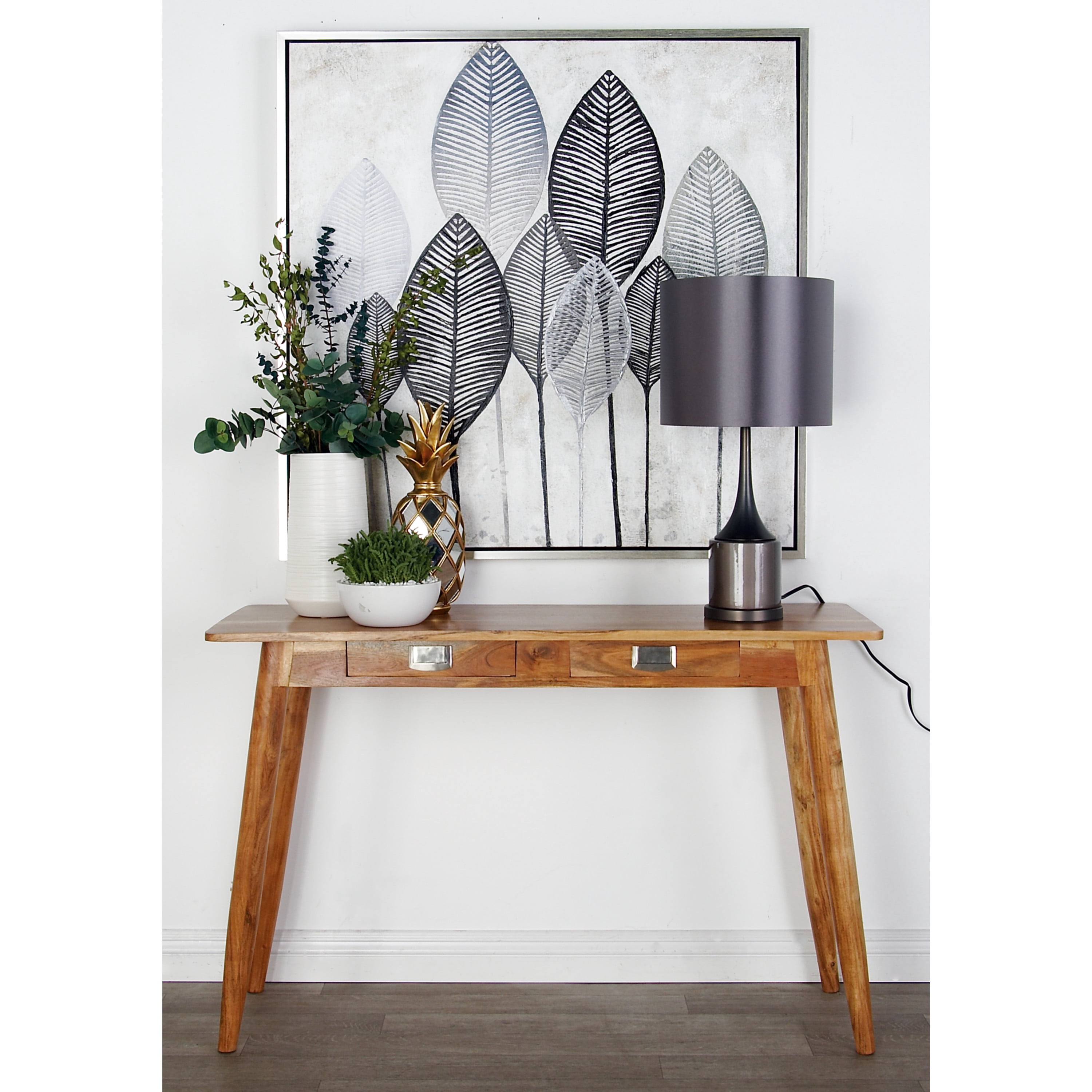 DecMode 45" x 29" Brown Wood 2 Drawers Console Table with Silver Pull Handles, 1-Piece
