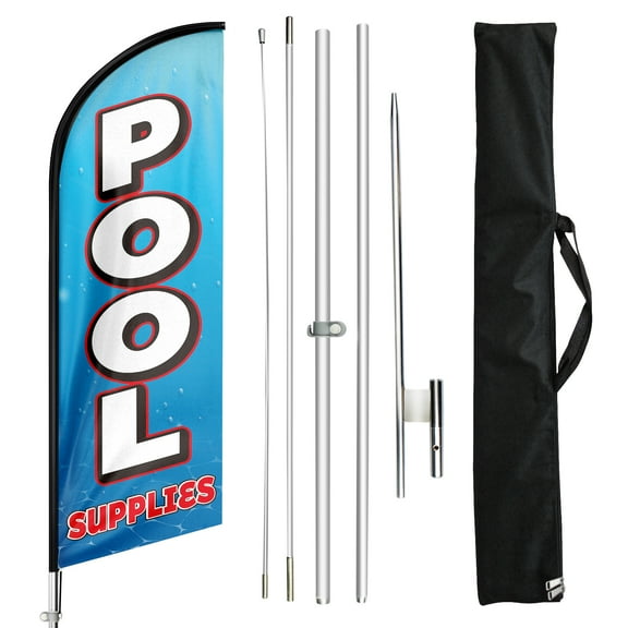 Pool Supplies Feather Flag with Flag Pole Kit and Ground Spike, 11FT Pool Supplies  Windless Flag Banner Sign Business for Indoor Outdoor Advertising
