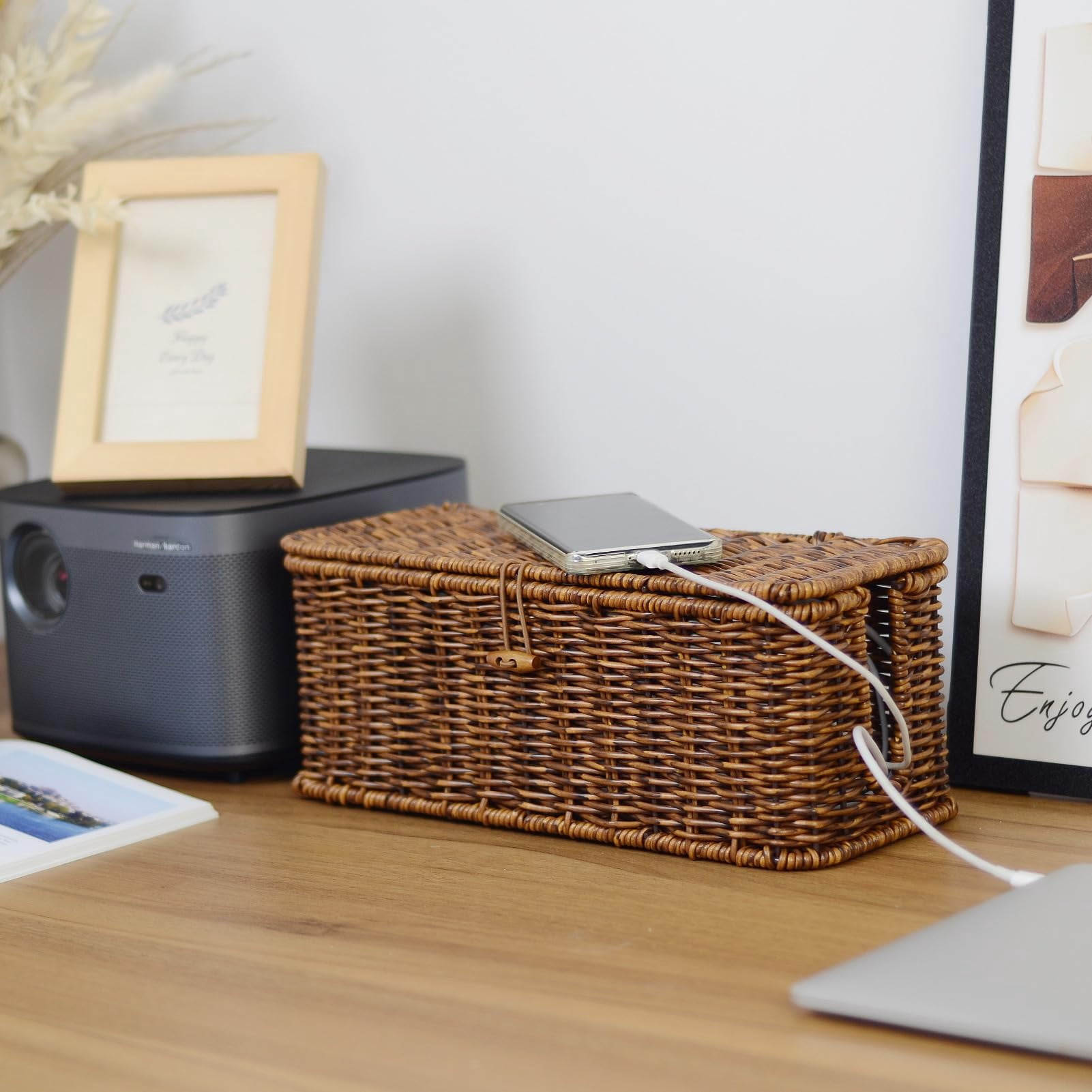 Rattan Wire Storage Box  Handmade Cord Organizer For Desk Hider Outlet Covers Proofing Power Strip Tv Pc Router Under Cable Management