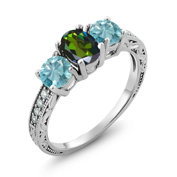 Gem Stone King 2.62 Ct Oval Green Mystic Topaz Blue Zircon 925 Sterling Silver Moissanite Ring (Size 8)