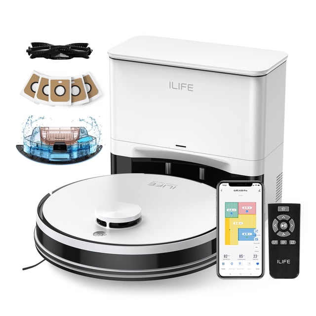 ILIFE A30 Pro Aspiradora y Trapeador, Estación de Autovaciado para 60 Días, Succión 5000Pa, Navegación LiDAR, WiFi 2.4G/App/Alexa/Control Remoto, Cepillo Rodillo para Alfombras y Suelos Duros