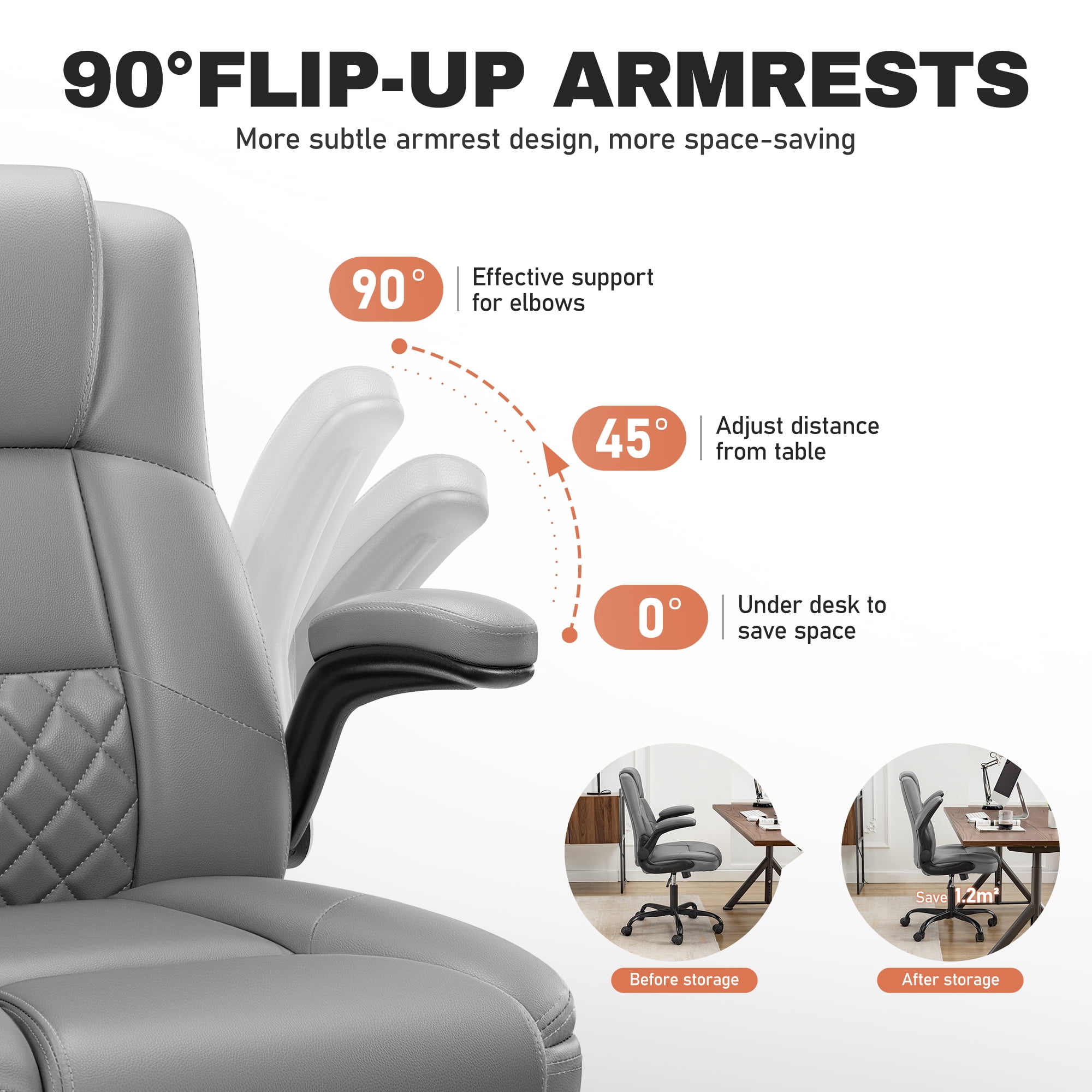 COOLHUT Office Chair, Executive Leather Chair Home Office Desk Chairs, Computer Chair with Adjustable Flip-up Padded Arms, Lumbar Support Swivel Desk Chair with Adjustable Hight and Tilt, Gray