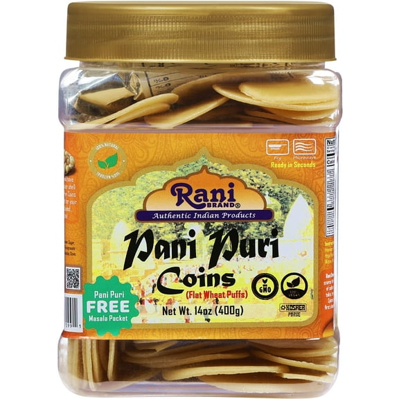 Rani Pani Puri Coins (Uncooked, Microwaveable Wheat Semolina Coins) 14oz (400g) w/Pani Puri Masala (14-Spice Blend for Indian Spicy Water) 1.75oz (50g) ~ All Natural | Vegan | NON-GMO | Kosher