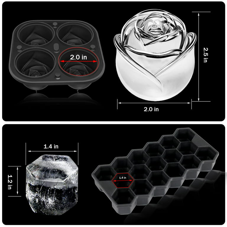 2 in 1, 3D Rose Ice Molds & Large Ice Cube Tray W/H lid, 4 Giant
