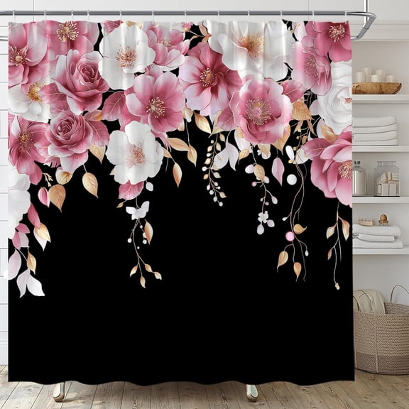 Pink and Black Floral Shower Curtain Pink Flower Watercolor Plant Rose Eucalyptus Leaf Spring Summer Botanical Fabric Bathroom Curtain Set with Hooks 72"W x 96"L (Pack of 1)