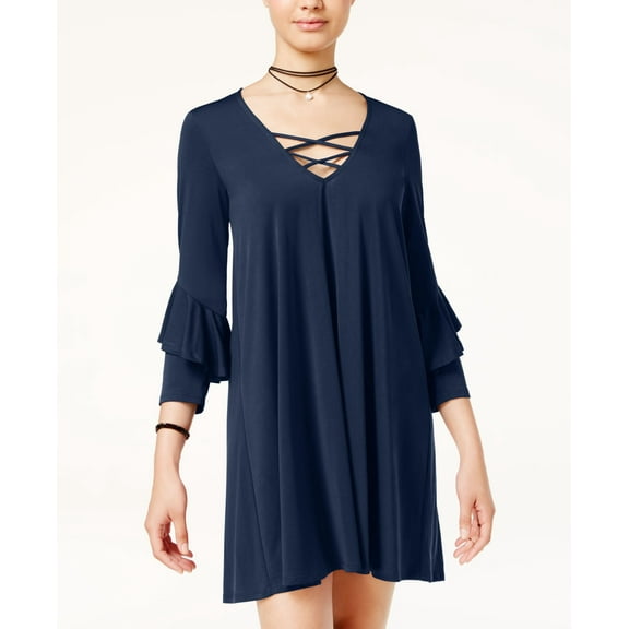 Trixxi Juniors Crisscross Ruffle Sleeve Dress Navy L