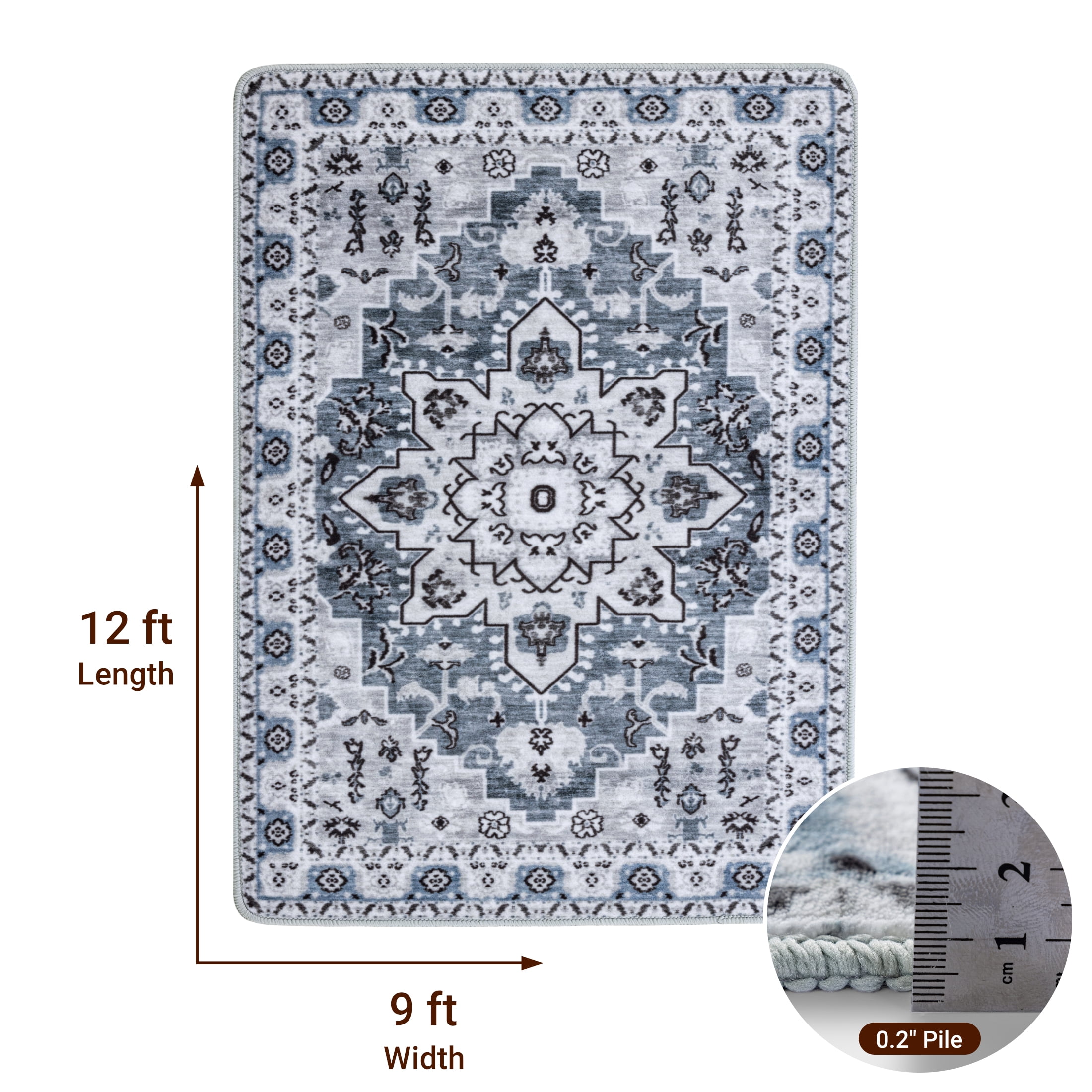 Sonoro Kate 9x12 Area Rugs for Living Room Bedroom, Non Slip Boho Machine Washable Indoor Floor Carpet, Blue-Gray