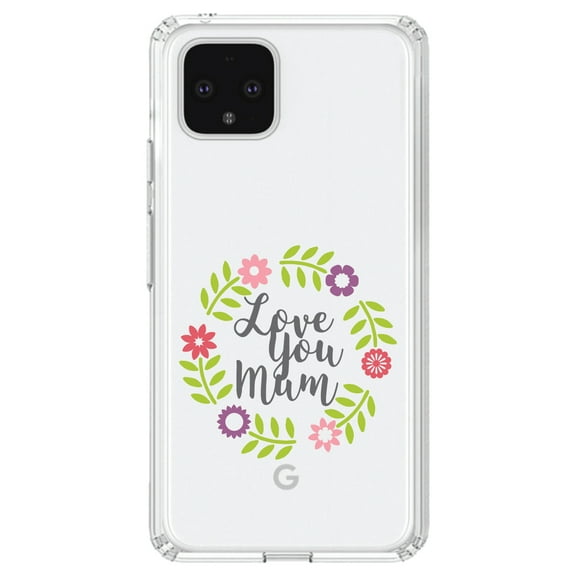 DistinctInk Clear Shockproof Hybrid Case for Google Pixel 4 XL (6.3" Screen) - TPU Bumper Acrylic Back Tempered Glass Screen Protector - Love You Mum - Floral Border