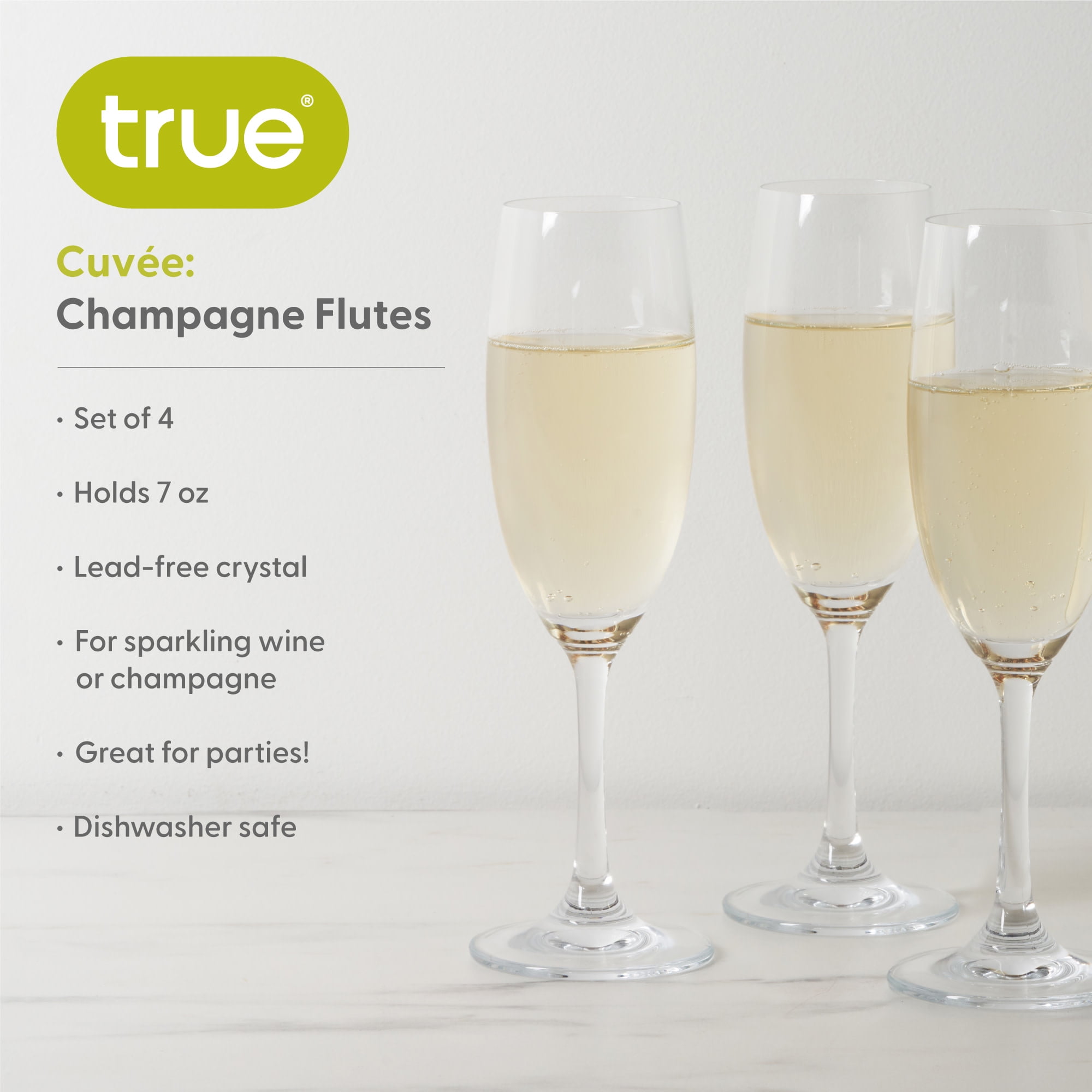 True Cuvee Champagne Flutes, Champagne Glasses for Home Bar, 7 oz, Set of 4