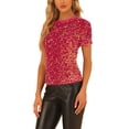 thumbnail image 4 of INSPIRE CHIC Haut en Velours à Sequins pour Femmes Col Rond Manches Courtes Blouse de Soirée m Rose Vif, 4 of 6