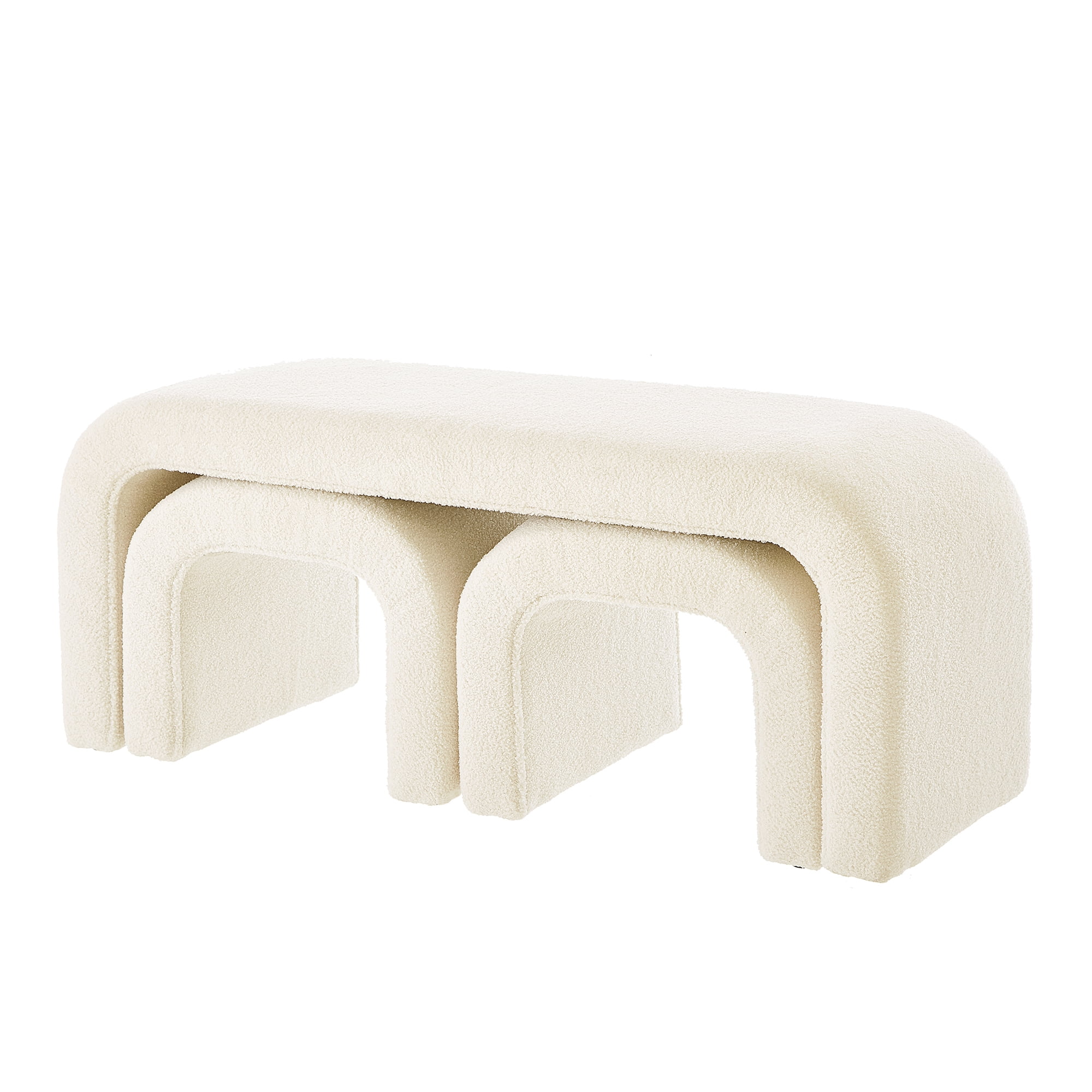 3-Piece Ottoman Bench Set, 44" Upholstered End of Bed Bench with 2 Nesting Stools, Teddy Fabric Entryway Bench, Modern Footrest & Extra Seating for Living Room Bedroom,White