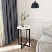 Modern Glam Round Side Table, End Table, White Faux Marble with Black/Gold Metal legs