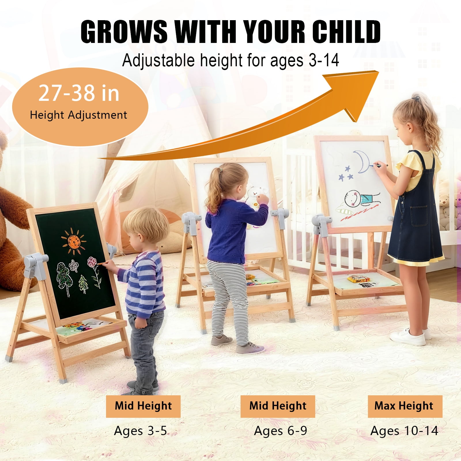 Jacgood Art Easel for Kids, Adjustable Double Side Art Drawing Standing Dry Erase & Chalkboard for Boy & Girls , Adjustable Height, Wooden Gift & Art Supplies