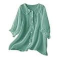 thumbnail image 3 of HOMBOM New Arrivals Tops for Women Green Cotton Solid Puff Sleeve Short Sleeve Collared Blouse S, 3 of 3
