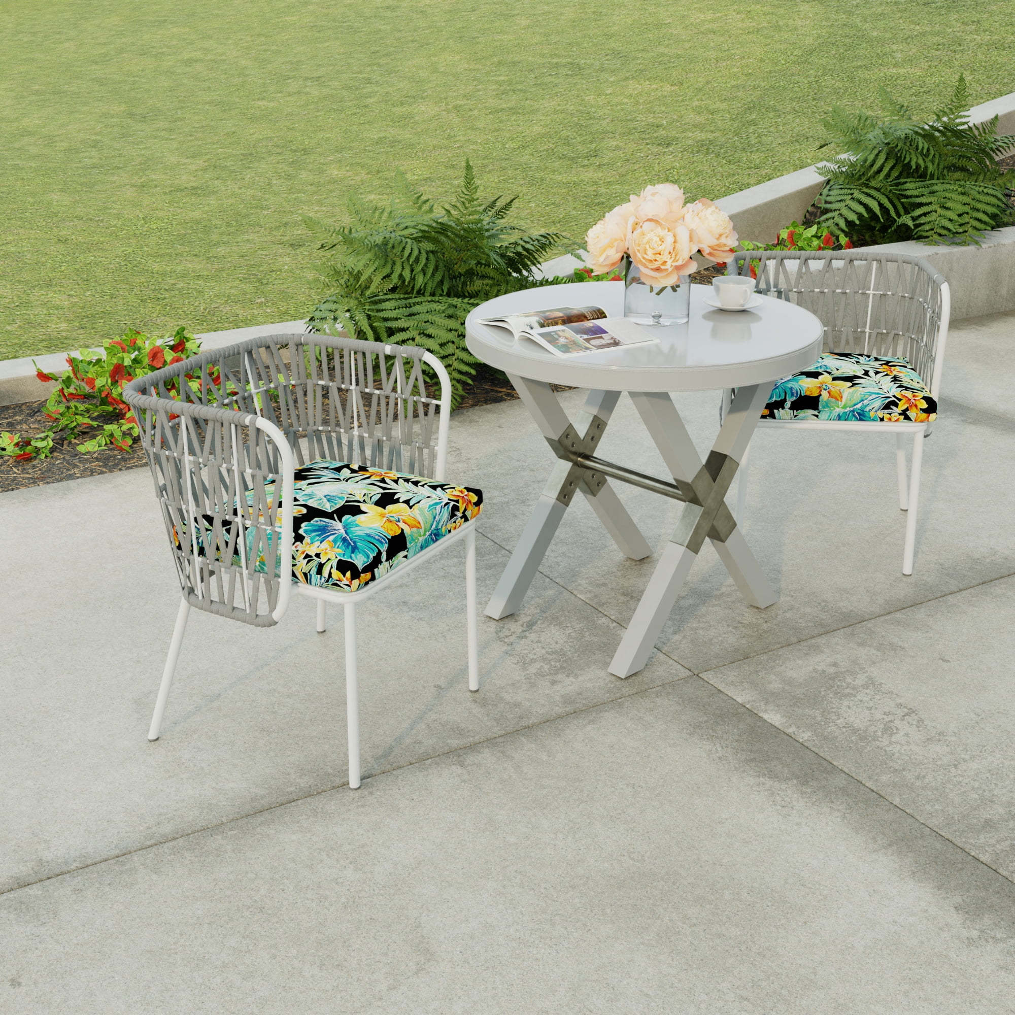 Jordan Manufacturing 17" x 19" Beachcrest Caviar Black Floral Rectangular Outdoor Chair Pad Seat Cushion with Ties (2 Pack)