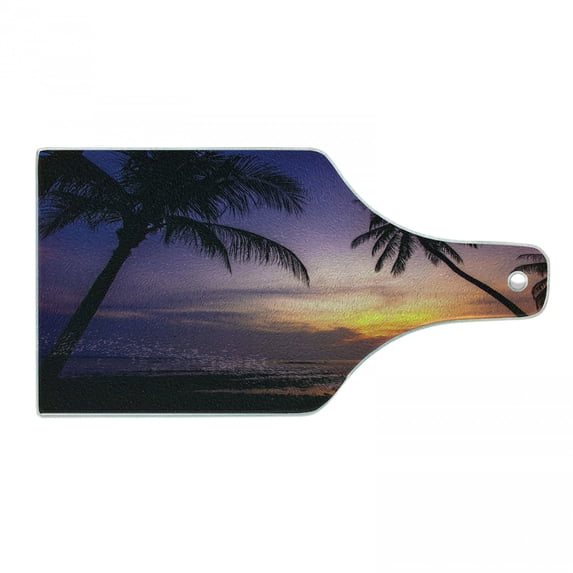 Sunset Cutting Board, Exotic Landscape Photo of Tropical Tall Palm Tree Silhouette and Ocean at Dawn, Decorative Tempered Glass Cutting and Serving Board, in 3 Sizes, by Ambesonne