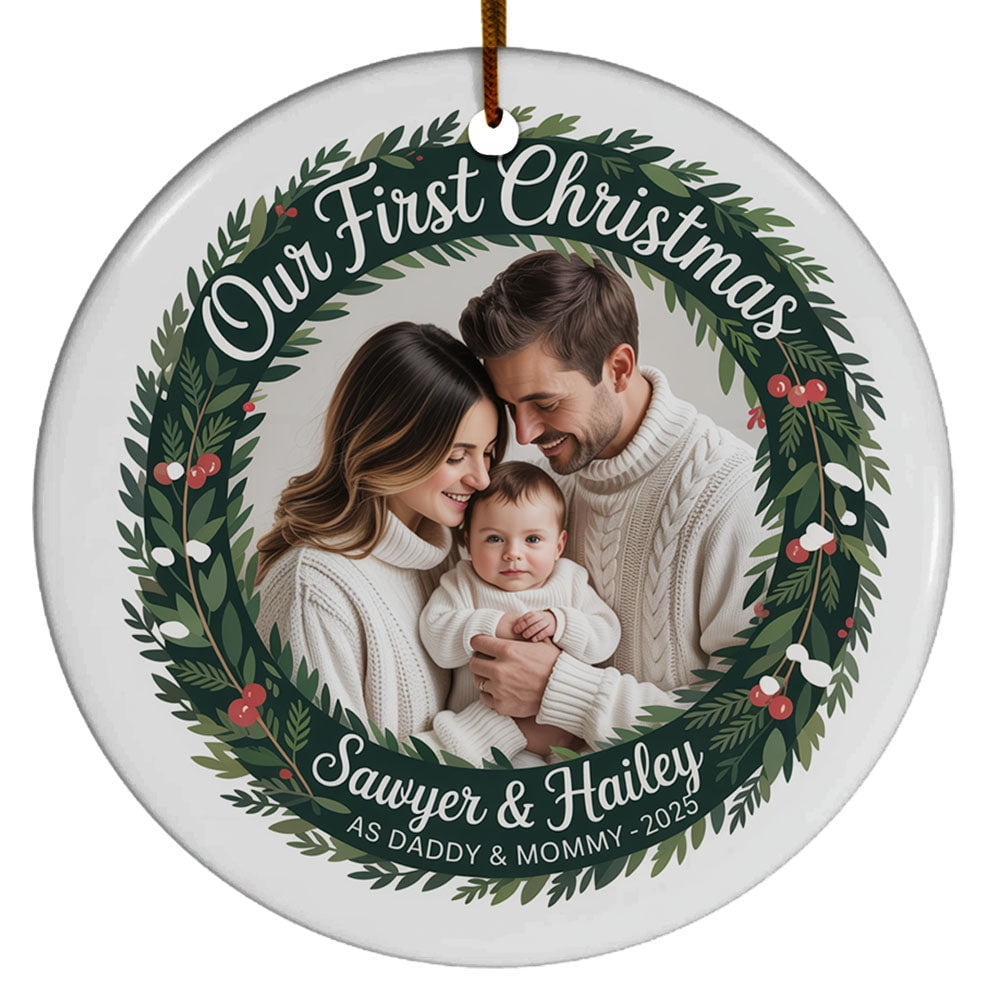 Customized Family of 3 Christmas Ornament 2025, Our First Xmas as Daddy & Mommy Keepsake, Baby 1st Christmas Ornament Gift, Custom Name Text Photo Picture Decoration for Parents