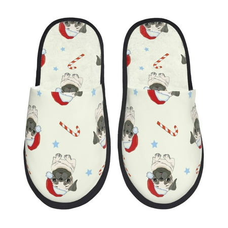 Balery Christmas Pug Dog Slient Indoor Furry Fleece Comfort House Shoes Soft Non-Slip Home Shoes Cotton slippers House Slippers-- Large