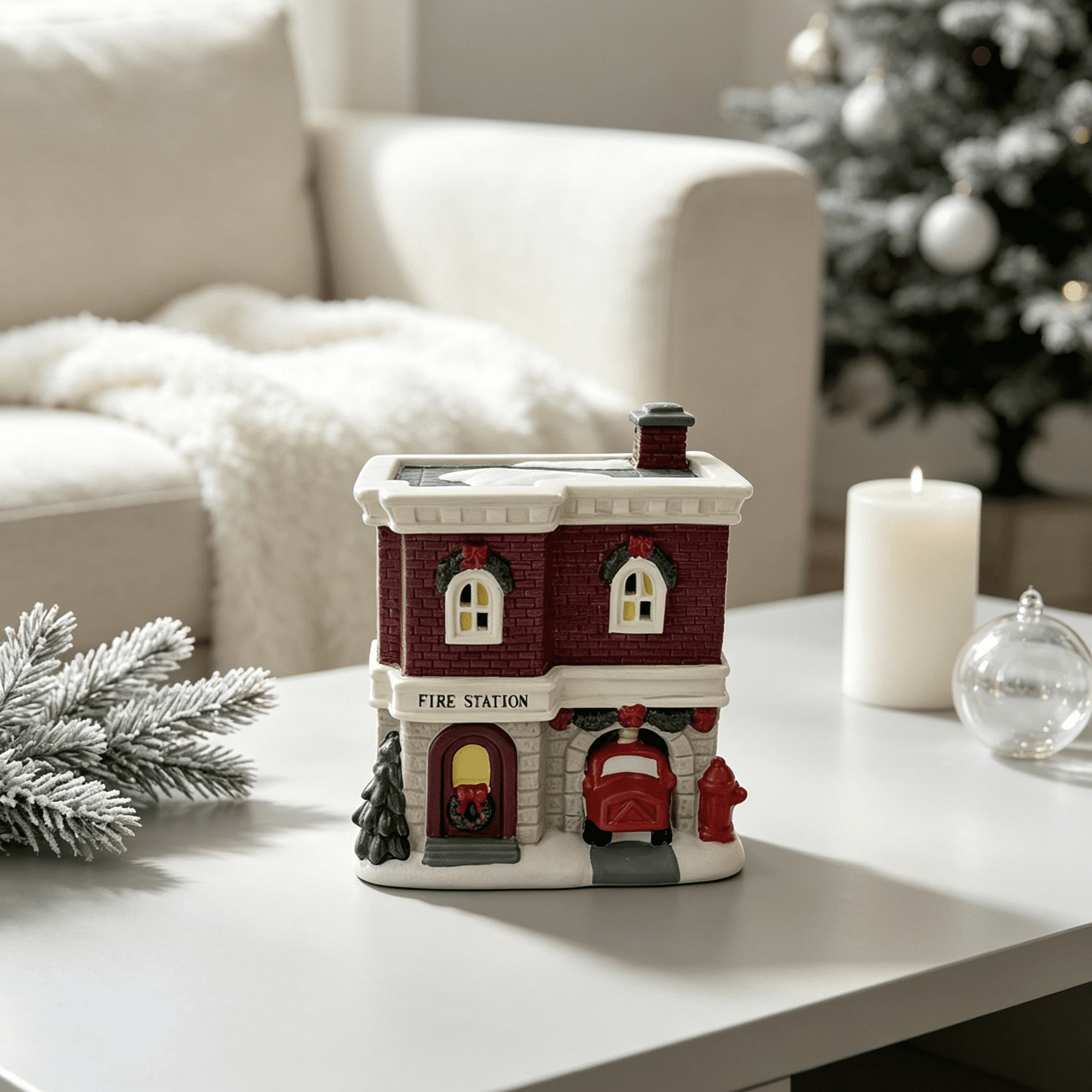 Porcelain Fire Station Mini Christmas Village Building, Multicolor, 4", by Holiday Time