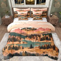 Homewish Rustic Farmhouse 7-Piece Twin Bedding Sets,Natural Mountain Lake Bedding Comforter Set,Teal Brown Sheet Sets For Men Women,Microfiber Bedroom Decor Reversible