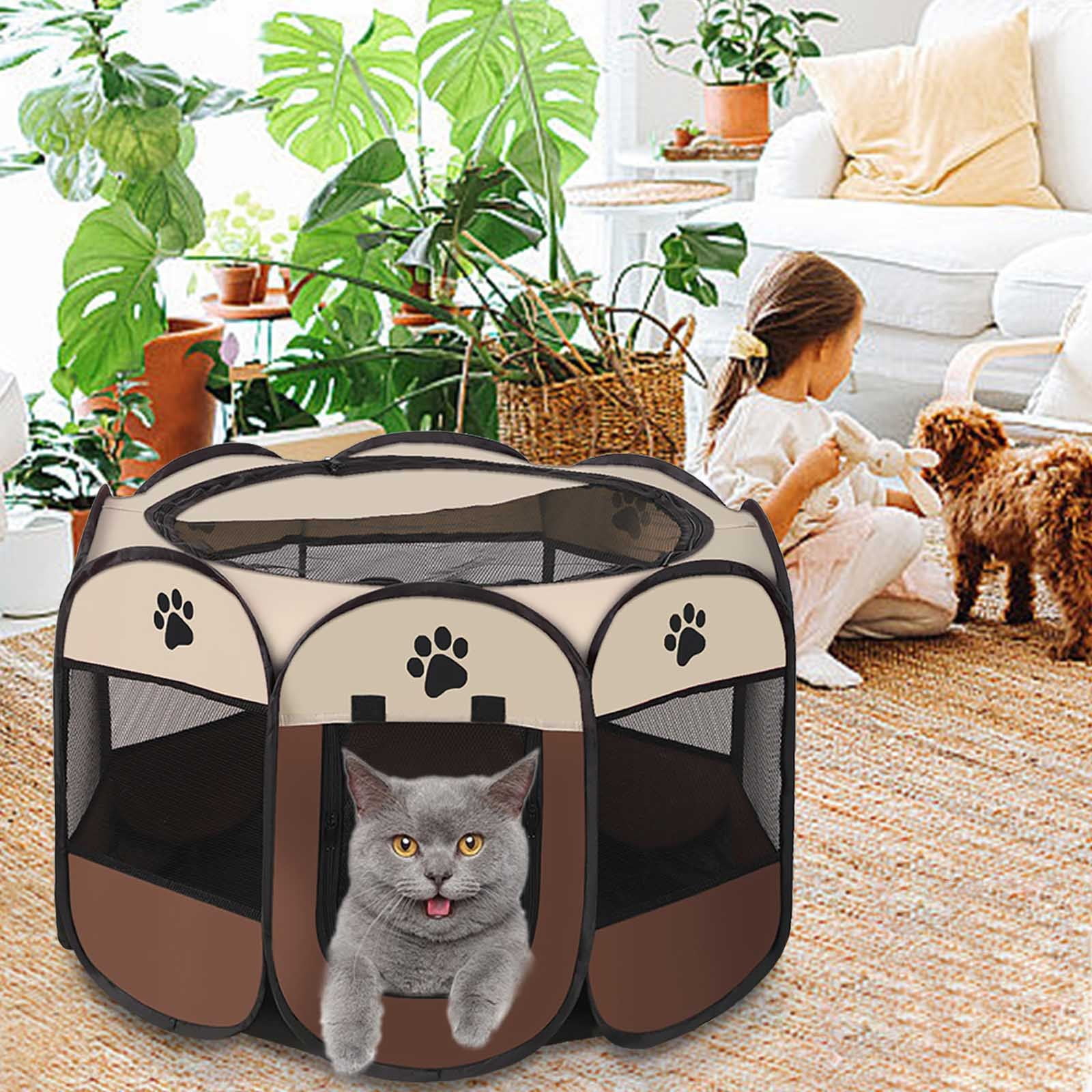 HHBEAUTY Portable Pet Cat Playpen for Indoor Cats Enclosed, Foldable Small Dog Puppy Playpen Crate Kennel Cage Outdoor with Top Roof, Pop Up Collapsible Kitten Play Pen Tent for Camping RV