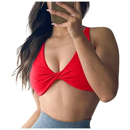 

Knosfe Padded Sports Bra Twist Front Criss Cross T Shirt Bras for Women Red S