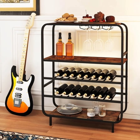 Auranook 16-Bottle Floor Wine Rack Freestanding Floor 5-Tier Wine Shelf w/ Glass Holders Metal Frames Storage Shelves for Kitchen Home Bar