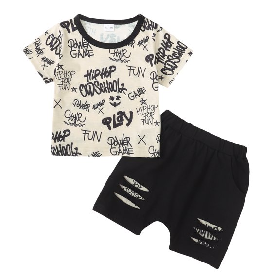 KIMI BEAR Infant Baby Boys Summer Outfit Sets 12-18 Months Clothes Short Sleeves Letter Print Pullover Top Solid Color Ripped Denim Shorts Sets 2pcs Apricot