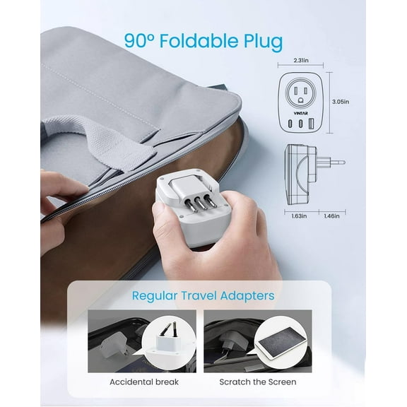 GHRTGR-2 Pack Italy Travel Plug Adapter, Foldable Italy Power Adapter with 2 AC Outlets 1 USB and 2 USB C Ports, 3 Prong Grounded Type L Plug Adapter for US to Italy Rome Uruguay Chile